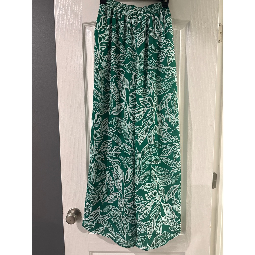 Pink Lily Green White Tropical Leaf Print Wide Leg Smocked Waist Pants Small